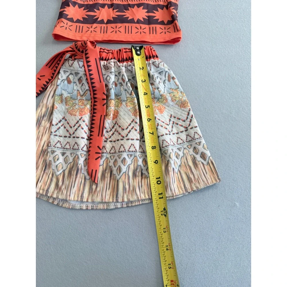 Disney Moana Inspired 2 Piece Costume Set Orange Tribal Print Skirt Top